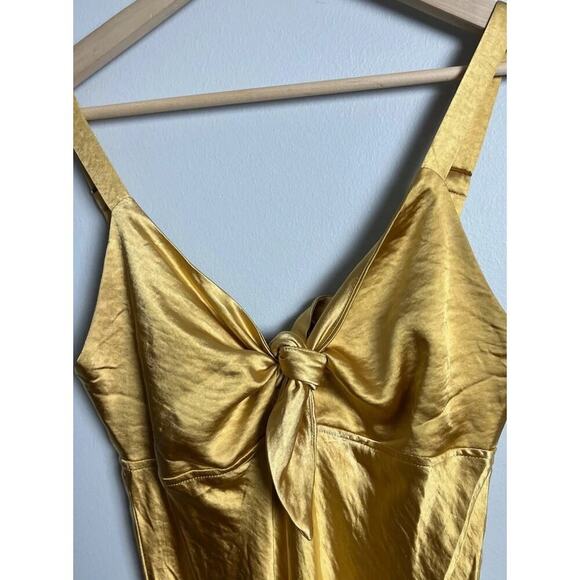 Here Comes the Sun Golden Yellow Satin Midi Dress with Tie Front Y2K Size Medium - Picture 4 of 8